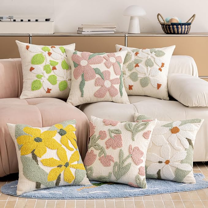 Summer Floral Throw Pillow Covers 18x18 Inch Set of 2, Chenille Embroidered Pillowcase with 3D Tufted White Flowers and Green Leaves, Boho Decorative Cushion Covers for Couch Sofa Bed