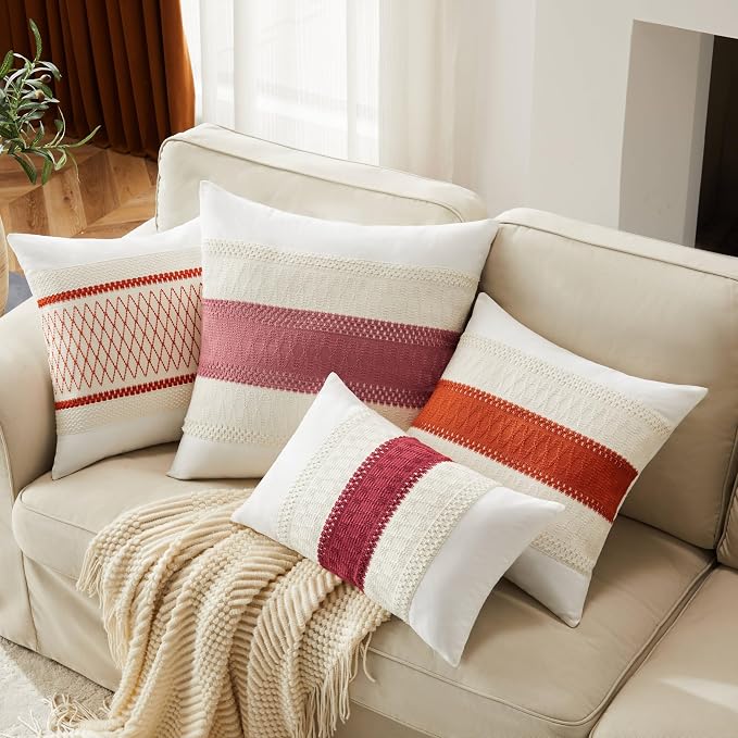 2pk Boho Pillow Covers 12x20, Natural White/Contrast/Red | 100% Organic Cotton Body, Stripe Embroidery, Farmhouse Decorative Cushion Covers for Sofa Bed Living Room Home Decor