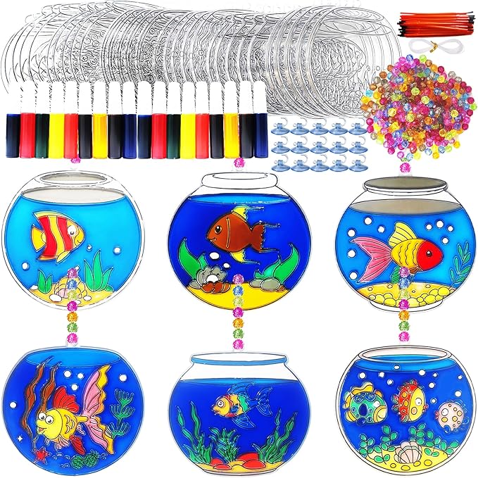 Ayhuhra 30 Sets Fishbowl Suncatcher Craft Kits Make Your Own Sea Animal Fish Tank Scene DIY Window Paint Art Sun Catcher Kit for Home Classroom Party Activities Art Project