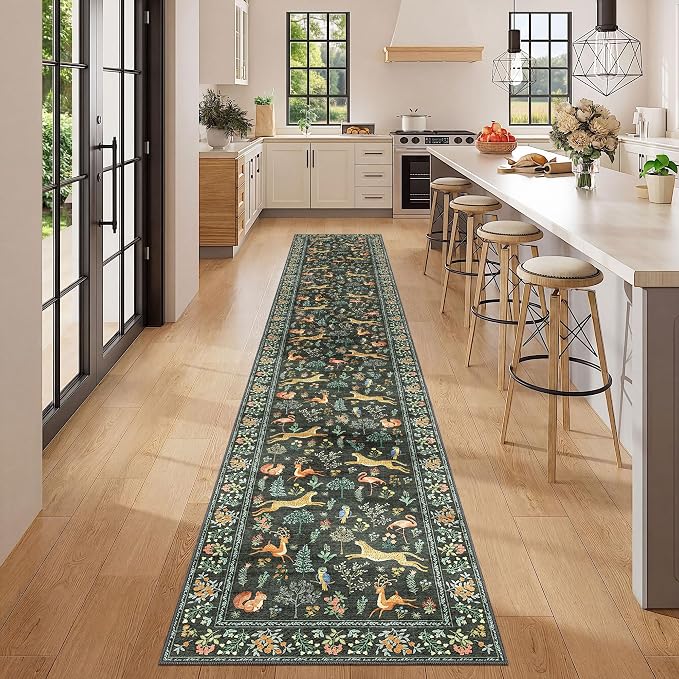 DUKINO 2x12 Washable Runner Rug, Non Slip Animal Rug for Kitchen, Black | Soft, Low Pile, Non-Shedding Thin Indoor Long Runner Carpet for Hallway, Entryway, Bedroom, Bathroom, Laundry, Pet Friendly
