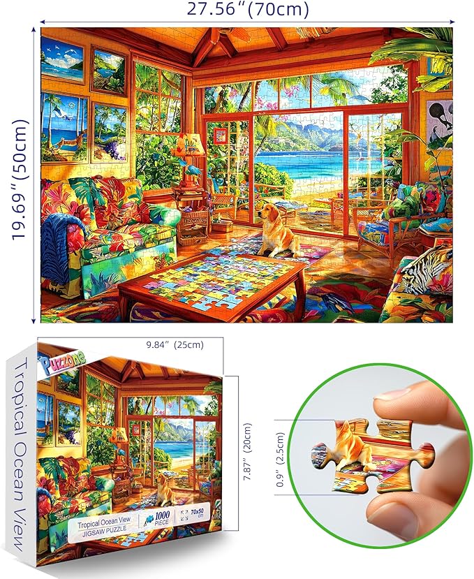 Tropical Living Room 1000 Piece Jigsaw Puzzle for Adults Beach View Scene Vibrant Palm Trees and Ocean Scenery Adult Puzzles 1000 Pieces Games Gift for Game Night (27.6"x19.7")