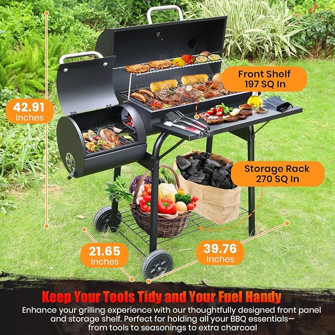 Charcoal Grill Offset Smoker: Charcoal Barbecue Grills with Spacious Cooking Area | Barrel BBQ Grill and Smokers Combo for Outdoor Patio Backyard Camping and Parties