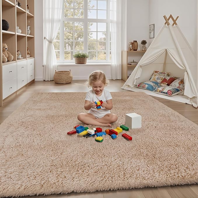 Area Rug for Living Room Bedroom: 4x6 Camel Soft Fluffy Shag Upgrade Non-Slip High Pile Carpet Large Fuzzy Plush Indoor Floor Decor Shaggy Rug for Kid Boys Girls Dorms Playroom Nursery Modern Home