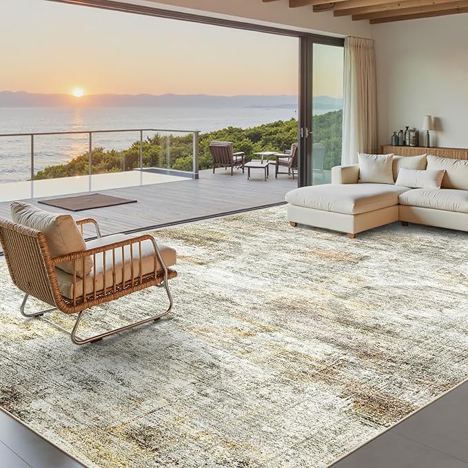 Soalmost 9x12 Area Rugs for Living Room Washable Rug Non-Slip Grey/Rust | Large Vintage Stain Resistant Carpet for Dining Bedroom, Low Pile Lightweight Foldable Floor Mat Nursery Home Office Decor
