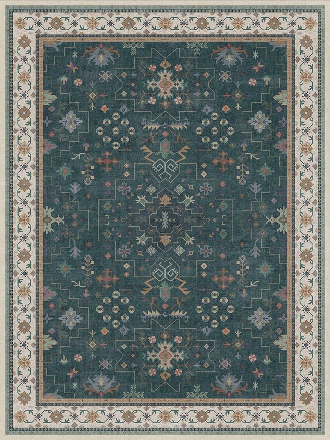 Hazo Haus Vintage Dark Green 6x8 Dining Room Rugs for Under Kitchen Table - Washable Livinig Room Rug - Unique Floral Pastel Low Pile Non-Slip Area Rugs for Bedroom