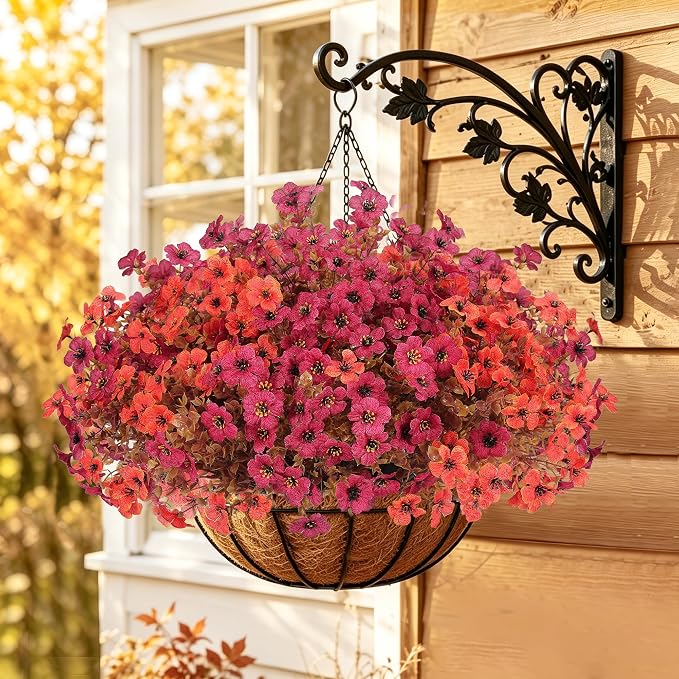 Artificial Fake Mums Flowers Plants for Outdoors Autumn Decorations,12 Bundles Faux Mums Silk Daisy Fall Flowers Plant UV Resistant Look Real for Outside Planters Porch Front Yard Home Orange Burgundy