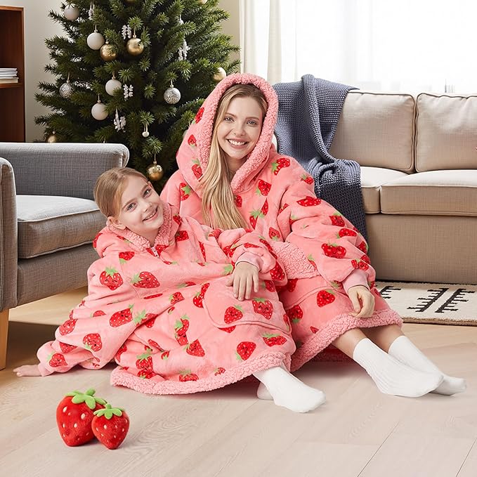 Giggling Getup Wearable Blanket Hoodie for Girls and Boys Warm Cozy Sherpa Fleece Hooded Blanket Sweatshirt Oversized Hoodie with Giant Pocket & Sleeves for Kids Strawberry