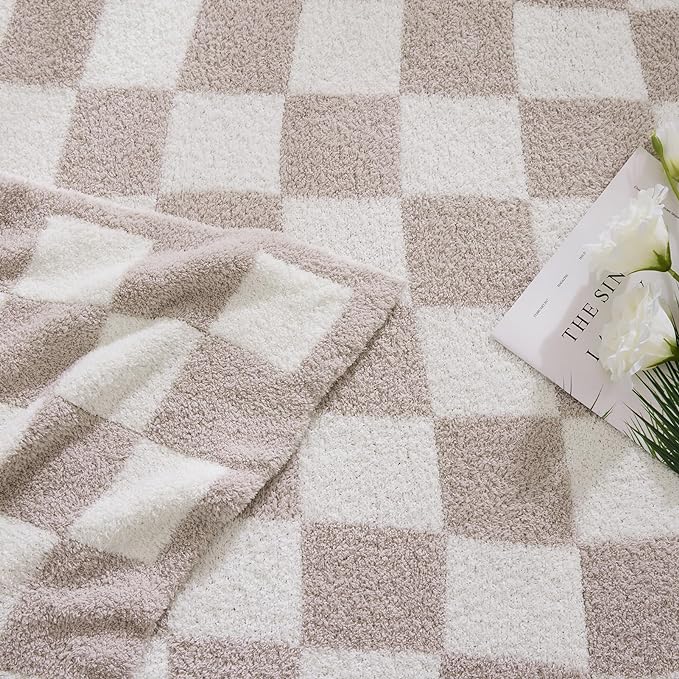 Soft Checkered Throw Blanket for Couch-Cozy Warm Knitted Blankets | Lightweight Warm Fluffy Decor for Women, Mom, Her & Girls, Sofa, Chair, Bed, 50x70in, Taupe