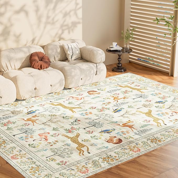 DUKINO 9x12 Area Rug for Living Room, Washable Animal Rug Non Slip, Beige | Low Pile, Non-Shedding, Soft Indoor Large Carpet for Bedroom, Dining Room, Kids PlayRoom,Nursery, Farmhourse, Pet Friendly