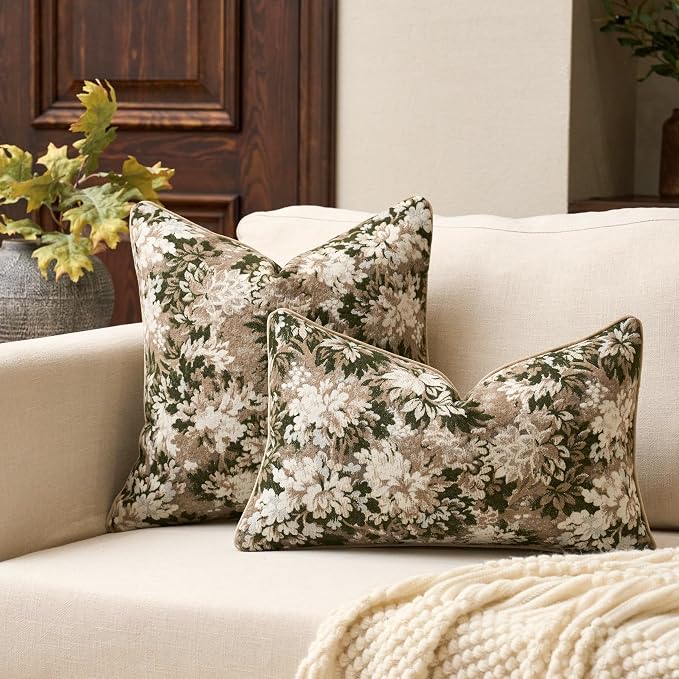 Neutral Floral Pillow Cover 20 x 20 Inches, Vintage Chenille Square Throw Pillow Cover Soft Decorative Farmhouse Accent Couch Pillow Cover for Living Room Bedroom, Green