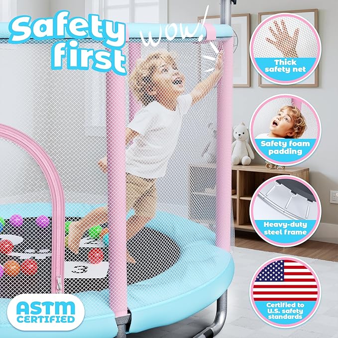 Happin® 55’’ Trampoline for Kids with Safety Enclosure, Indoor & Outdoor Toddler Trampoline, Ultra Safe Design with Multi Activity Accessories, Perfect Toddler Gift for Boys & Girls Ages 1–8