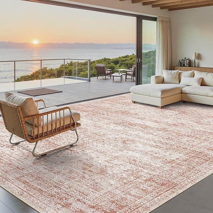 Soalmost 9x12 Area Rugs for Living Room Washable Rug Non-Slip Pink | Large Vintage Stain Resistant Carpet for Dining Bedroom, Low Pile Lightweight Foldable Floor Mat Nursery Home Office Decor