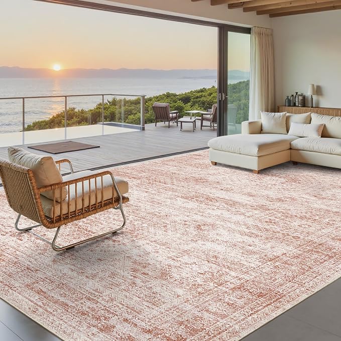 Soalmost Washable Area Rug 8x10 Large Soft Pink Rugs for Living Room | Vintage Non-Slip Carpet for Dining Bedroom, Stain Resistant Low Pile Foldable Lightweight Floor Mat Under Table Home Decor