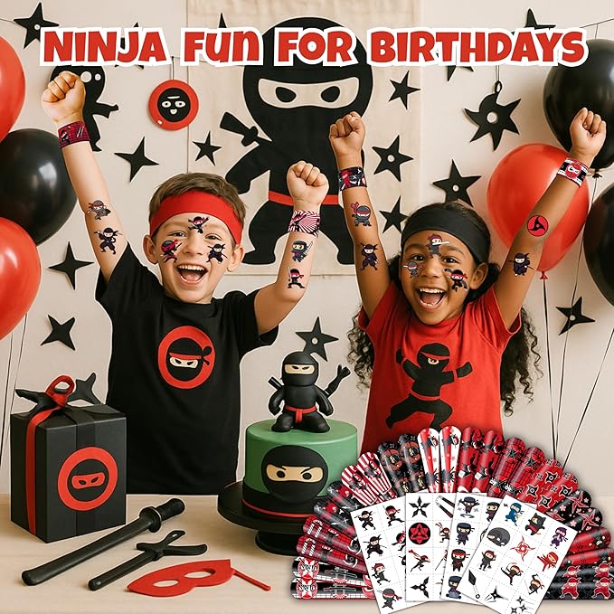72PCS Ninja Party Favors for Kids - 48 Pre-cut Temporary Tattoos & 24 Slap Bracelets - Ninja Birthday Decorations, Classroom Prizes, Goodie Bag Gifts for Boys & Girls7