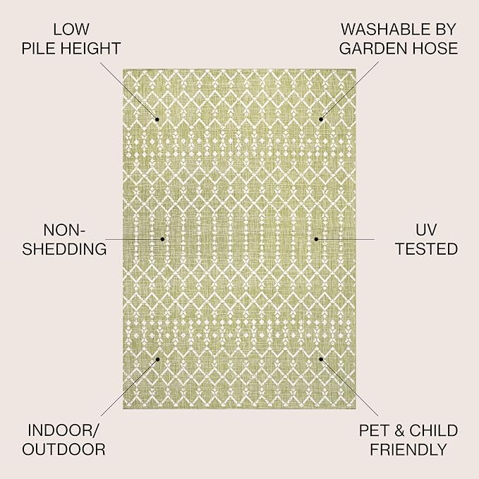 JONATHAN Y Moroccan Geometric Indoor Outdoor Area Rug 5X8 Light Green/Cream, Ourika Textured Weave for Backyard, Patio, Porch, Easy-Cleaning, High Traffic, Pet-Friendly, Non-Shedding (SMB108N-5)