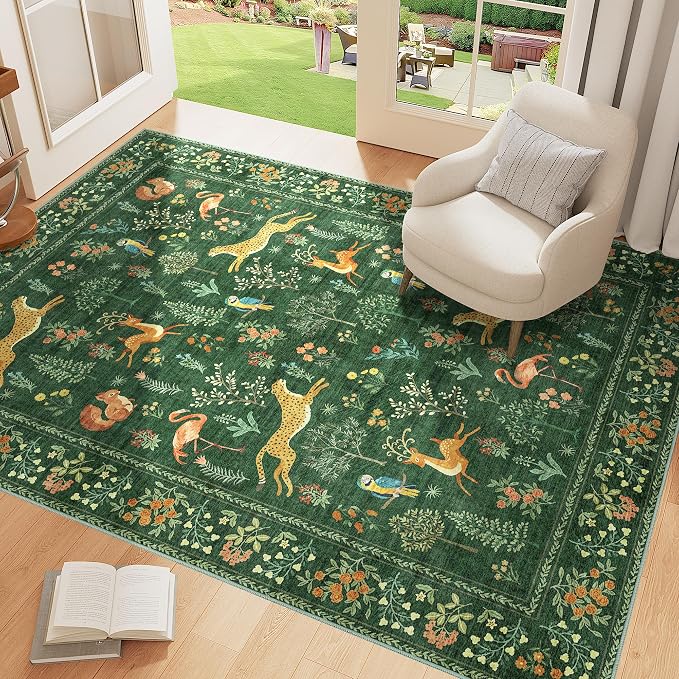 DUKINO 3x5 Rug, Washable Animal Area Rug for Bedroom Non Slip, Green | Low Pile, Stain Resistant, Soft Indoor Carpet for Living Room, Kitchen, Dining Room, Nursery, Lightweight, Pet Friendly