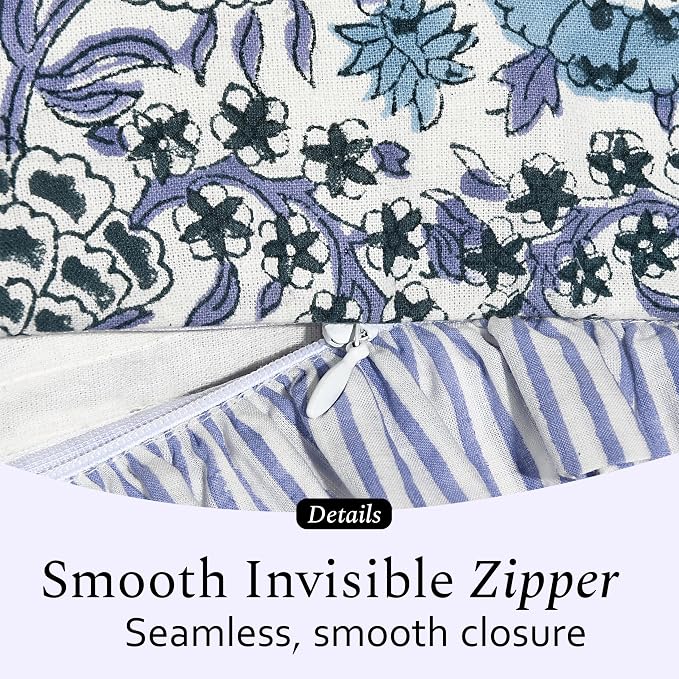 CPC Indigo Blue Ruffle Throw Pillow Covers for Couch, 24x24 Inch Cotton Stripe Ruffle Couch Pillows for Living Room, Hidden 20 Inch Zipper Boho Pillow Case or Cute Outdoor Pillows