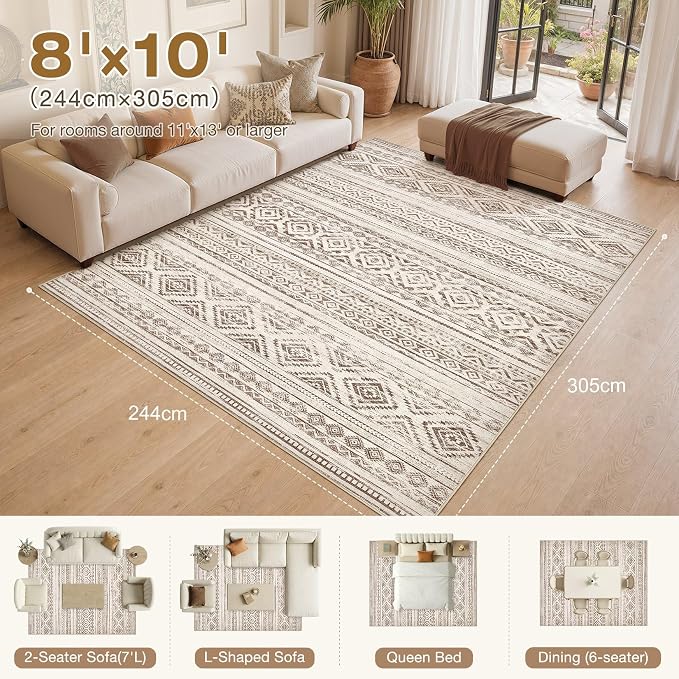 cotiled 8x10 Area Rugs Living Room Rug: Washable Boho Rugs with Non Slip Backing Large Soft Indoor Stain Resistant Carpet for Bedroom Farmhouse Dining Room Lightweight Home Decor Dark Brown