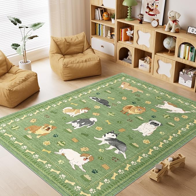 DUKINO 4x6 Area Rug, Washable Dog Rug for Living Room Non Slip, Green | Low Pile, Stain Resistant, Soft Animal Carpet for Bedroom Office Dorm Dining Room Kids Room Farmhouse, Kid & Pet Friendly