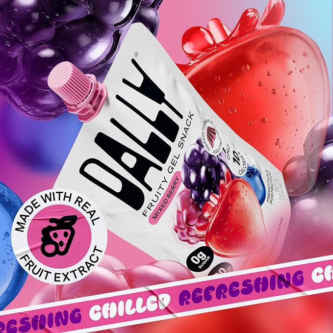 Dally Mixed Berry Drinkable Konjac Jelly, 10 Pouches, Fruit Snack | Sugar free, keto and gluten free; prebiotics, postbiotics and vitamin C for skin and immune health