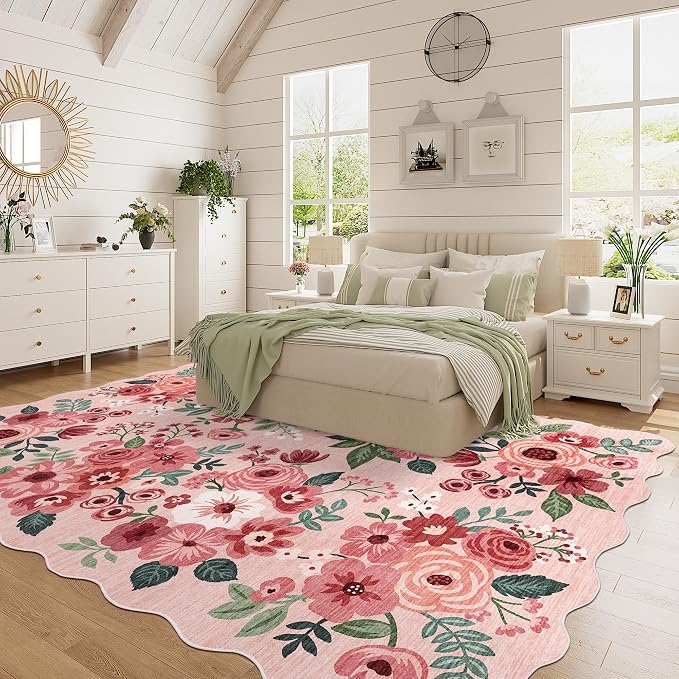 DUKINO 6x9 Area Rugs, Floral Washable Rug for Living Room Non Slip, Pink | Low Pile, Stain Resistant, Soft Indoor Large Rugs for Bedroom, Dining Room, Kids Playroom, Nursery, Pet Friendly, Home Decor
