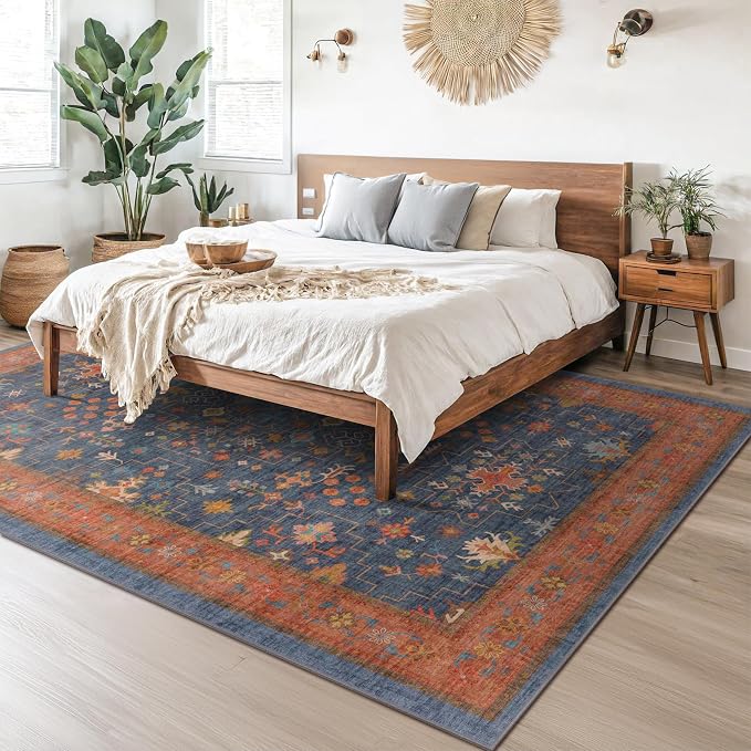 Hazo Haus 6x9 Dining Room Rugs for Under Table - Washable Area Rug for Living Room, Low Pile Non-Slip Rugs for Bedroom - Navy Blue & Terracotta Vintage Boho Eclectic Home Decor
