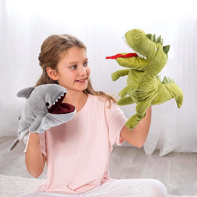 Hopearl Plush Dinosaur Hand Puppet T-Rex Puppet with Open Movable Mouth for Imaginative Play, Role Play, Interactive Toy for Storytelling Teaching Puppet Theater, Birthday Gift for Kids, Green, 13''