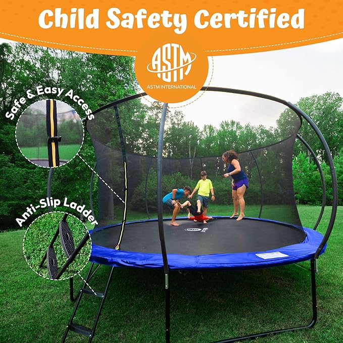 JUMPZYLLA Trampoline Outdoor 8FT 10FT 12FT 14FT 15FT 16FT with Enclosure and Ladder, ASTM Approved Recreational Trampoline for Kids and Adults, Anti-Rust Coated Frame