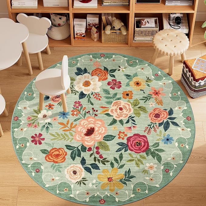 DUKINO 5ft Round Rug, Non Slip Floral Washable Small Circle Rug, Green | Soft, Low Pile, Floral Indoor Area Rug for Bedroom, Living Room, Kids Room, Office, Pet Friendly, Stain Resistant, Home Decor