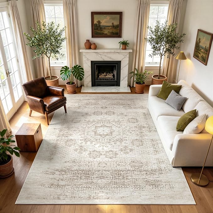 Machine Washable Rugs 8x10 Area Rugs for Living Room,Bedroom,Dining Room- Ultra Soft Low Pile Retro Rugs for Home Office,Non Slip Vintage Distressed Accent Carpet- Yellow