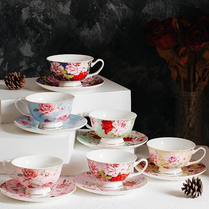 BTaT- Floral Tea Cups and Saucers, 8 oz, Fine Porcelain Teacup Set with Gold Trim for Afternoon Tea, Weddings, Parties & Gifting, Dishwasher Safe, Lightweight, Non-Toxic, Set of 6