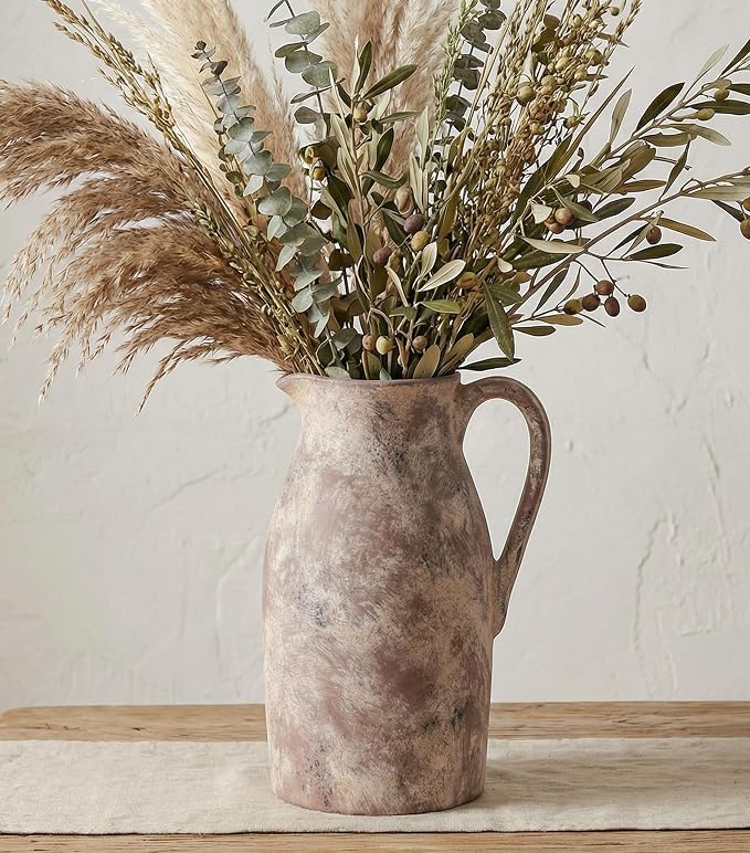 Ceramic Flower Vase with Handles,11" Neutral Tall Clay Terracotta Vases Farmhouse Table Vases with Handle Living Room Decor Rustic Pottery Pots for Home Shelf Coffee Dining Desk Fireplace