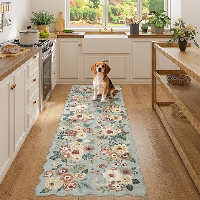 DUKINO 2x6 Runner Rug, Floral Washable Rug for Kitchen Non Slip Sage Green | Soft, Low Pile, Non-Shedding Long Runner Rugs for Kitchen, Entryway, Bedroom, Bathroom, Pet Friendly, Home Decor, Ultra-Thin