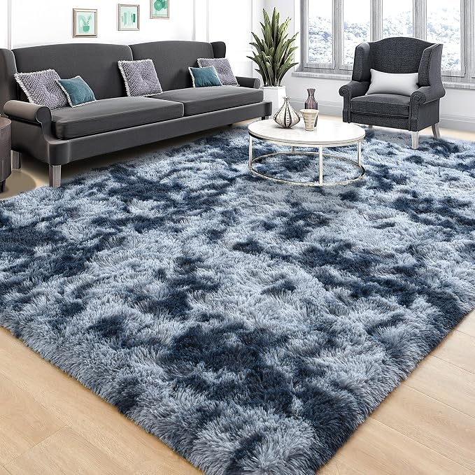 Tepook Soft Fluffy Rugs for Living Room, 5x8 Shaggy Area Rug for Bedroom, Modern Shag Rug Fuzzy Carpets for Kids, Plush Indoor Nursery Home Decor Rug with Non-Slip Bottom, Tie-dye Dark Blue