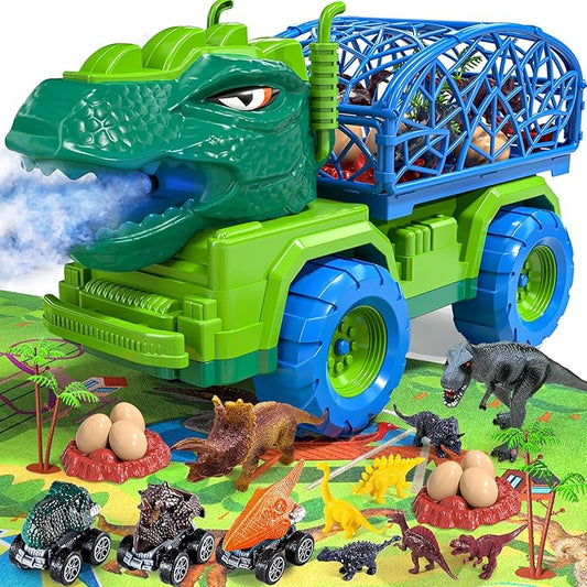 TEMI Dinosaur Truck Toys for Kids 3-5, Tyrannosaurus Transport Car Carrier Truck with Spray, 8 Dinosaur Figures, 3 Cars and 6 Eggs, Gifts for Boys and Girls 3 4 5 6 7