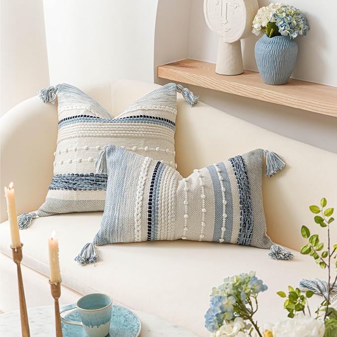 Coastal Blue Boho Decorative Throw Pillow Cover 18x18 Modern Bohemian Accent Pillow Case Square Woven Textured Farmhouse Pillows for Couch Bed (Pack of 1)