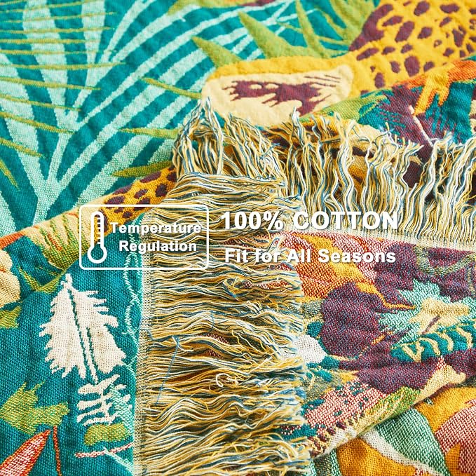 LUTBM Boho Throw Blanket for Bed 60"x80", All Season Cotton Couch Blankets | Reversible Leopard Jacquard, Gauze Twin Quilt, For Chair Sofa Living Room, Lightweight & Breathable, Whimsical Home Decor