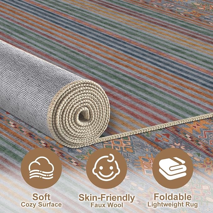 Nakagishi 8X10 Area Rugs Living Room: Washable Large Vintage Rug Neutral Non-Slip Soft Stain Resistant Indoor Carpet for Bedroom Nursery Dining Room Office Playroom - Multi Color