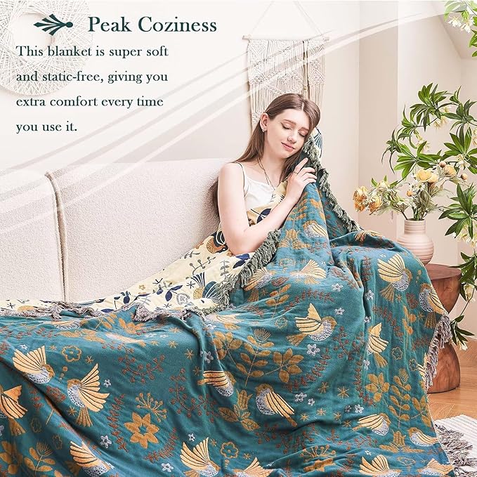 XIBLC Boho Throw Blanket, 100% Cotton Ultra Soft Luxury Throw Rustic Quilt, 50"x60" Floral Printed Farmhouse Decor Bed Summer Blankets, All Season Reversible Bohemian Throw for Bed