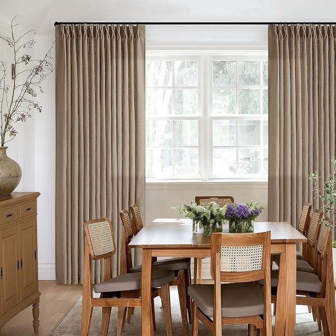 TWODRAPES Pinch Pleated Neutral Linen Curtains 2 Panels Set Living Room Dining Pinch Pleat Back Tab Light Filtering Farmhouse Boho Retro Window Curtain Drapes 84 Inch Length Latte Tan Brown