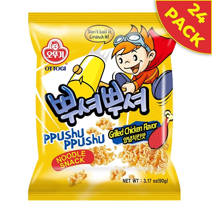 OTOKI Ppushu Ppushu Noodle Snack Grilled Chicken Flavor, Korean Ramen Snack, Crush to Eat, 90g, 24 Pack