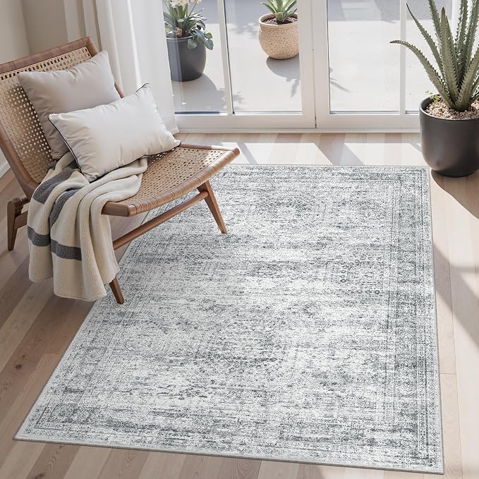 Soalmost 3x5 Rugs Non-Slip, Small Washable Kitchen Entryway Area Rug Grey | Vintage Low Pile Carpet for Nursery Coffee Table Bathroom, Foldable Stain Resistant Indoor Door Mat Entrance Powder Room