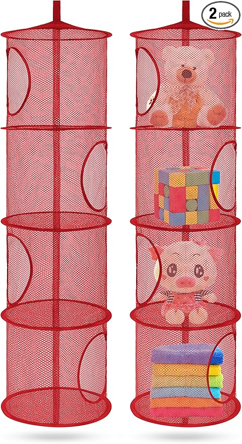 2Pcs Hanging Stuffed Animal Storage Organizer Foldable Stuffed Animal Net Hammock Organizer, 4 Compartments Mesh Hanging Toy Storage Hammock for Kid Room Toys, Gloves, Hats, Socks(Red)