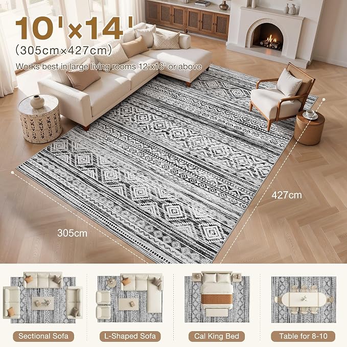 cotiled 10x14 Area Rugs Living Room Rug: Washable Boho Rugs with Non Slip Backing Large Soft Indoor Stain Resistant Carpet for Bedroom Farmhouse Dining Room Lightweight Home Decor White/Black