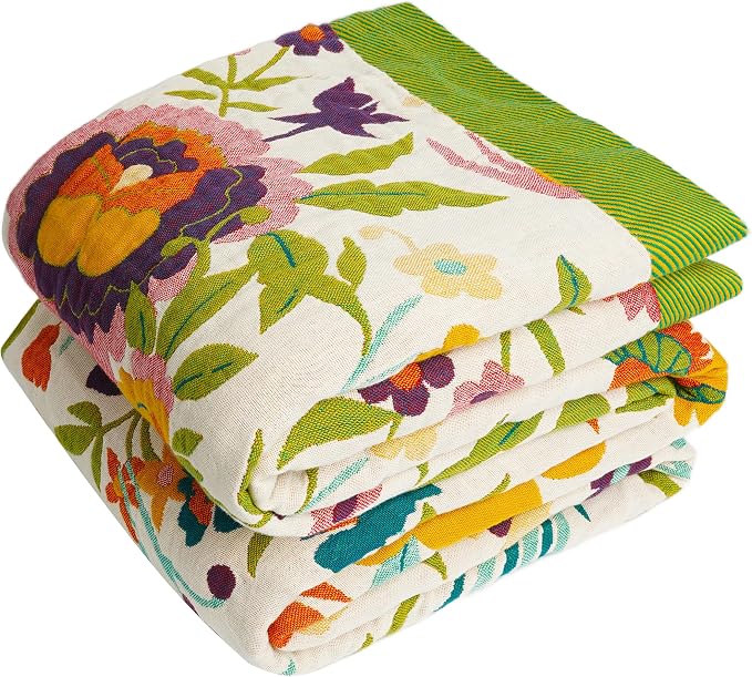 VANJOROY Boho Throw Blanket, 100% Organic Cotton Breathable Ultra Soft 91" x 108" King Bed Quilt Throw - All Season Floral Rustic Farmhouse Decor Luxury Blanket for Sofa Couch Chair and Gift