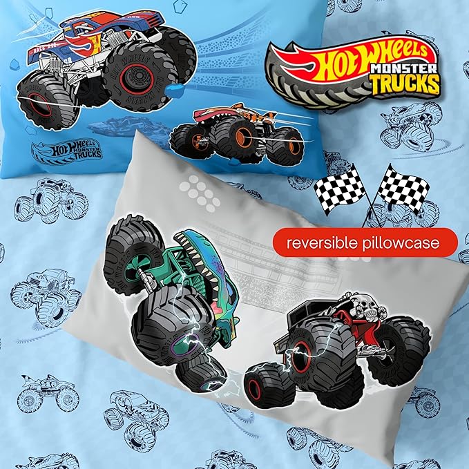 Hot Wheels x Monster Trucks Bedding Set, Twin Size 5 Piece Set Kids Super Soft Cozy Reversible Comforter and Sheet Set with Sham, (100% Officially Licensed Product) by Franco