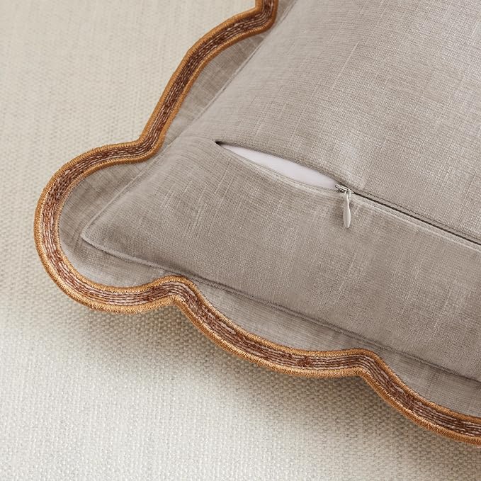 Ohocut Beige Scalloped Pillow Cover Pack of 2 Spring Chenille Decorative Throw Pillow Covers 18x18 Cute Boho Couch Pillow Covers Aesthetic Funky Preppy Pillow Cases for Sofa Living Room