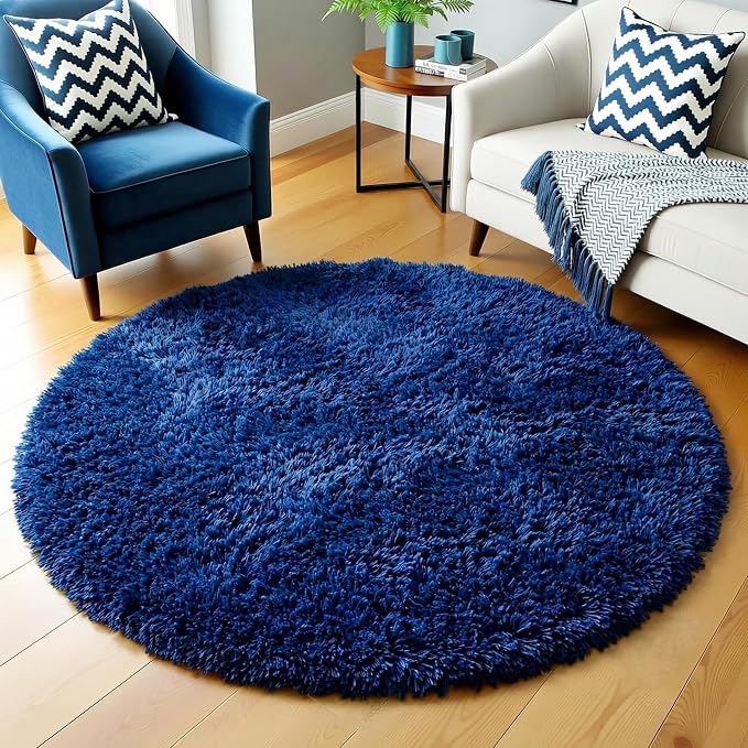 Amdrebio Navy Blue Small Round Rug 3Ft for Boys Room Bedroom, Circle Area Rugs for Kids Room, Living Room Decor Aesthetic, Fluffy Shag Fur Throw Royal Dark Blue Carpet for Dorm Playroom Baby Nursery