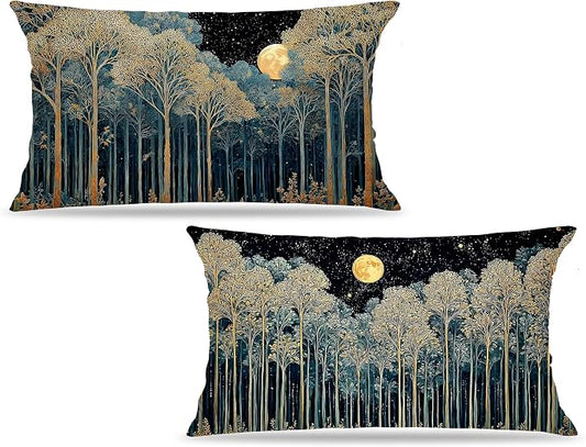 Rustic William Morris Night Forest Green Moon Decor Pillow Covers 12x20 Set of 2,Vintage Botanical Nature Landscape Decorative Throw Pillow Covers for Home Bedroom Living Room