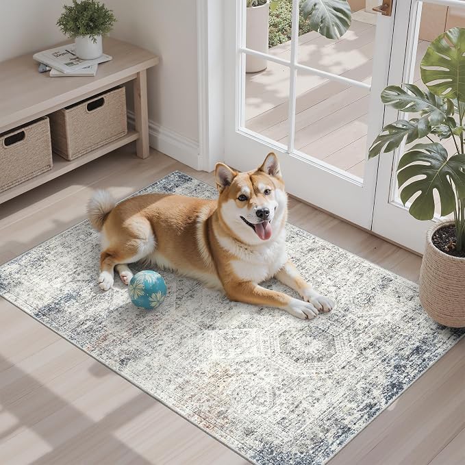 Soalmost 2x3 Washable Rugs for Kitchen, Entryway, Small Area Rug Blue/Ivory | Non-Slip Vintage Low Pile Throw Door Mat For Bathroom Entry Laundry Powder Room, Stain Resistant Indoor Entrance Floor Carpet